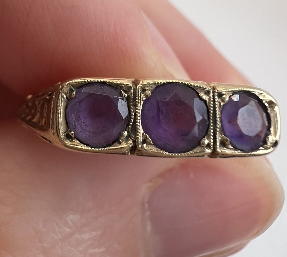 Vintage 9ct Gold Natural Amethyst Trilogy Half Hoop Ring Pierced Gallery; M 1/2