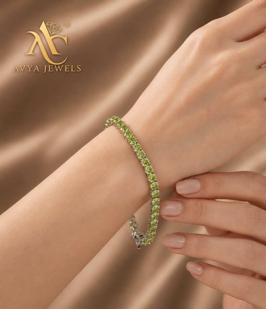 5 MM Round Lab Creted Peridot Tennis Bracelet 925 Silver 14k White Gold Plated