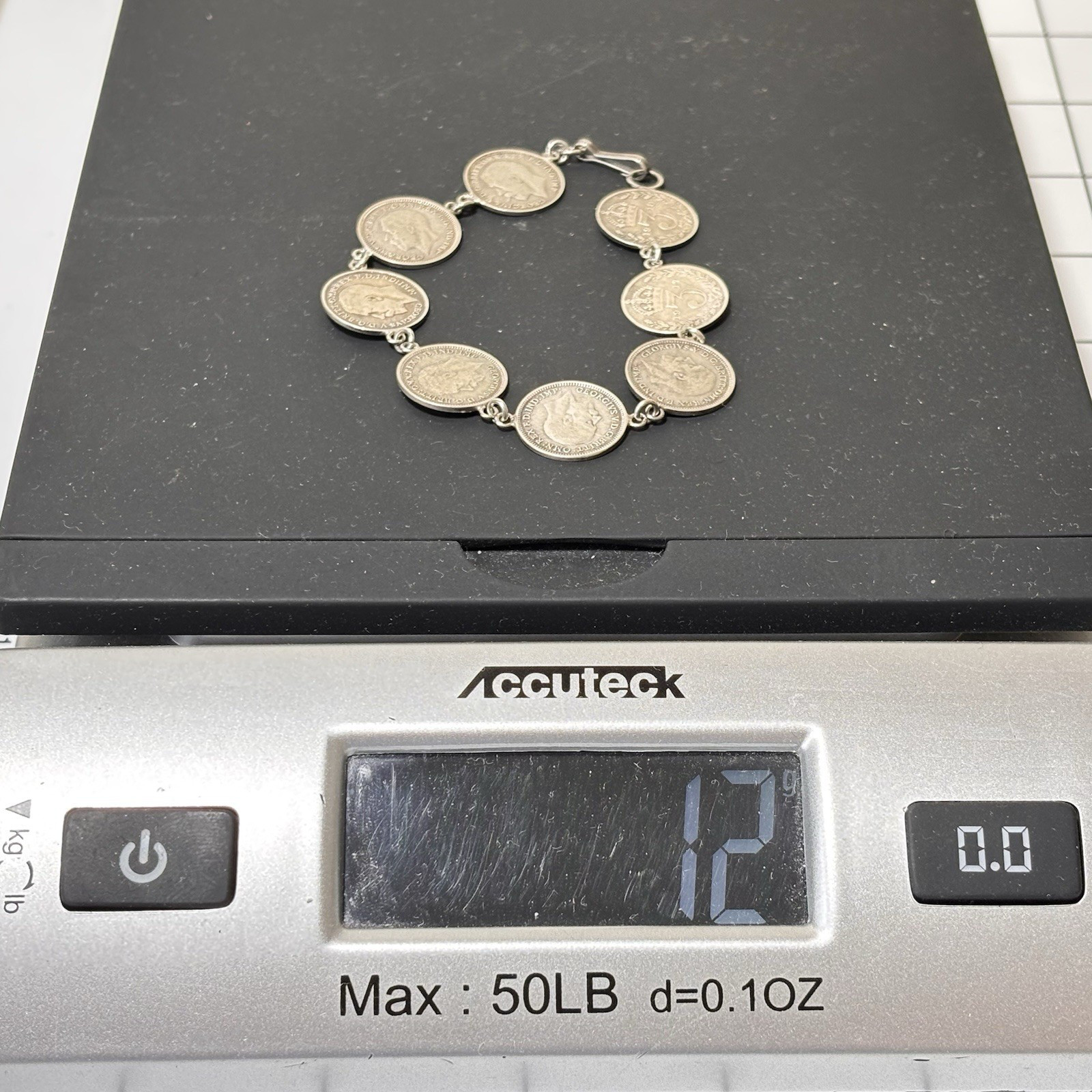 Vintage Silver Charm Bracelet King George V Three Pence Coins British Retro