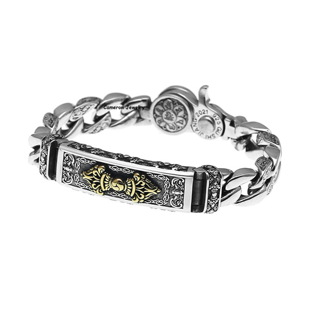 Solid 925 Sterling Silver Chain Vajra 11mm Six Words Curb Link Bracelet 7-8.7in