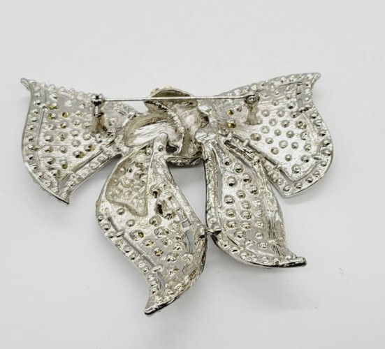 HUGE Ribbon Bow Crystal PAVE Silver tone Brooch Pin 3.75 in x 4 in Runway