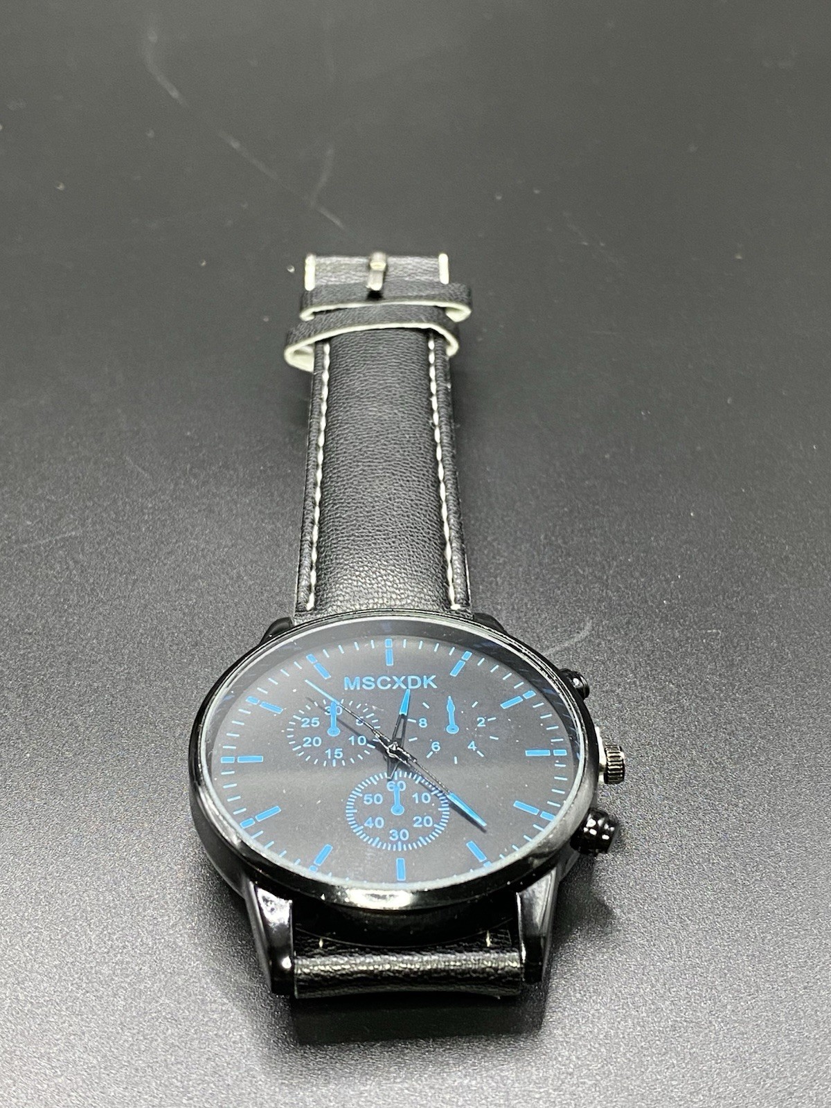 Black Faux Leather Watch Casual Sport Design MSCXDK Bright Blue And Black