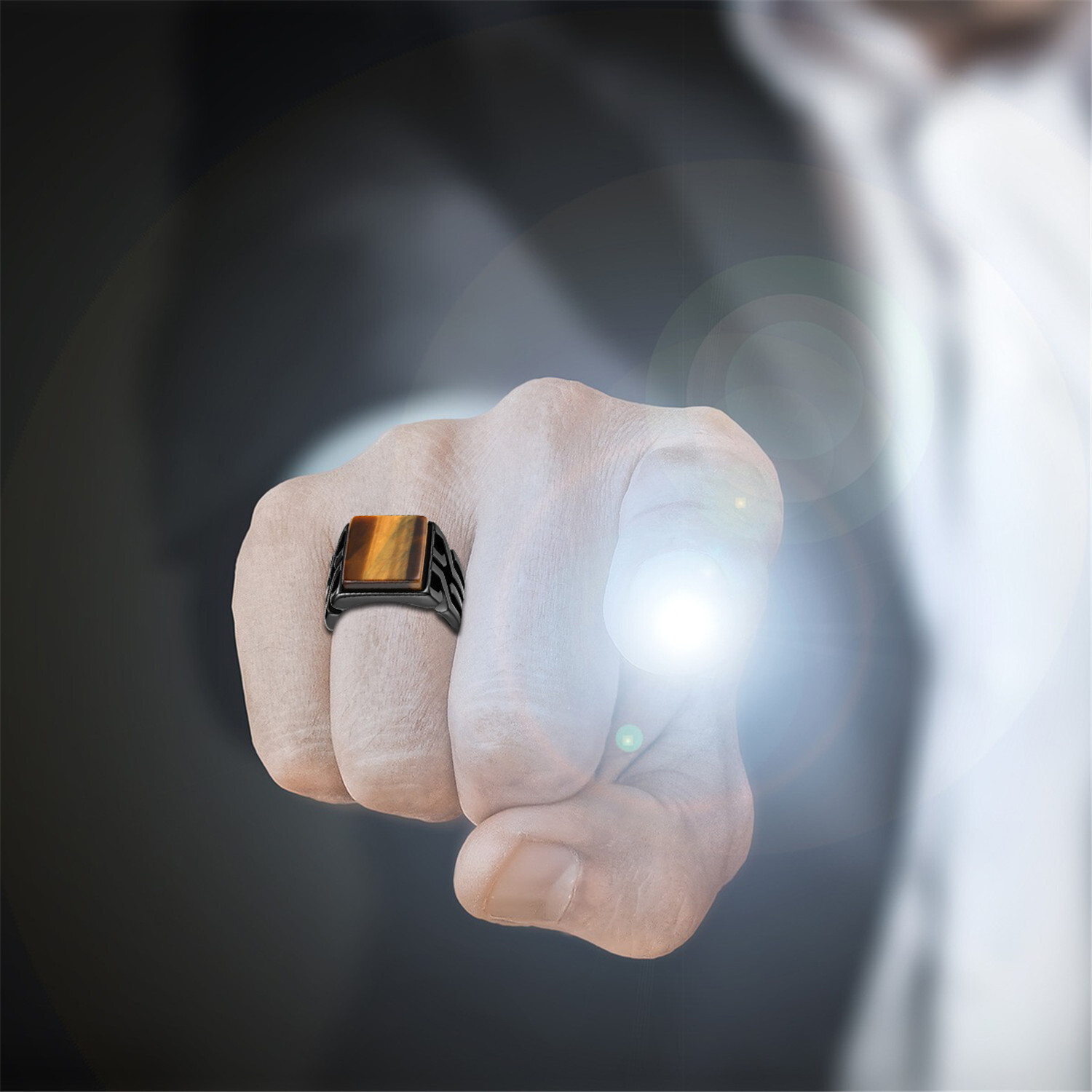Men’s Retro Glossy Stainless Steel Tiger Eye Stone Patterned Band Ring Size 8-11