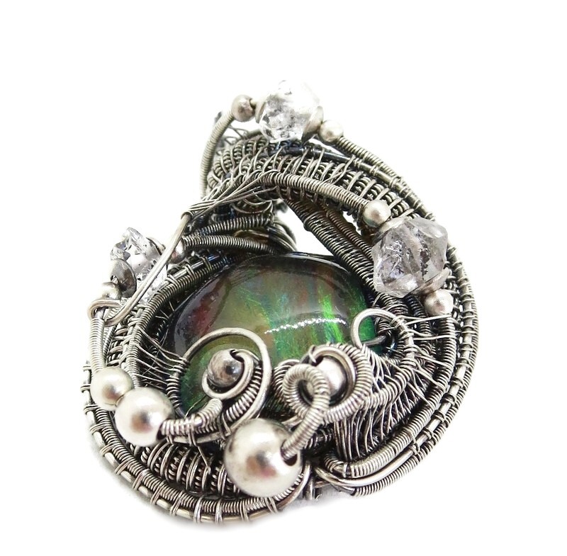 Aurora Opal Wire-Wrapped Pendant in Sterling Silver with Herkimer Diamonds