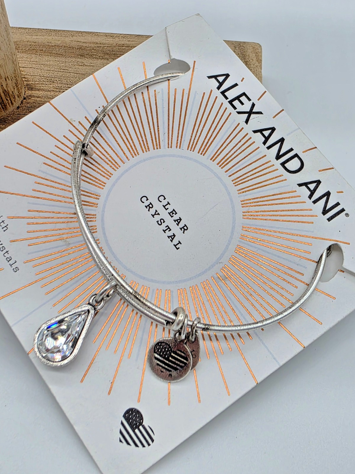 Alex and Ani April Birthstone Clear Crystal Rafaelian Silver Teardrop Bangle NWT