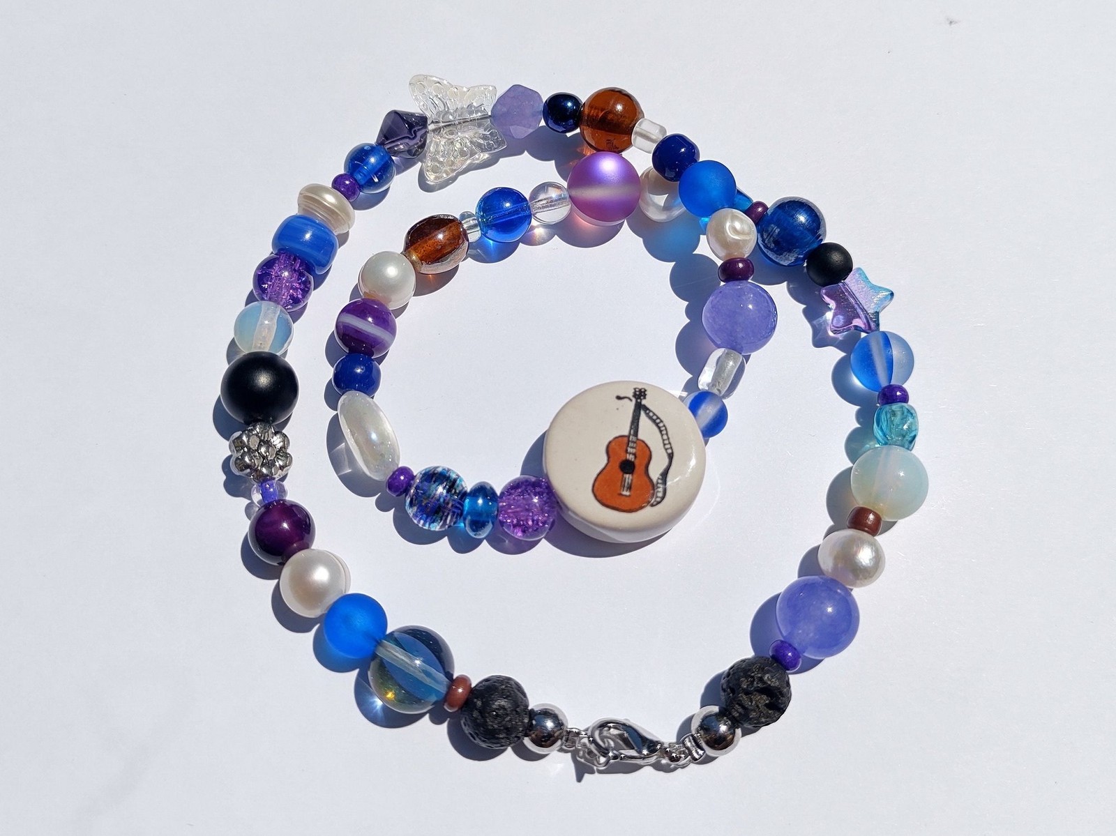 Blue and Purple Guitar Ceramic and Glass Bead Handmade Necklace