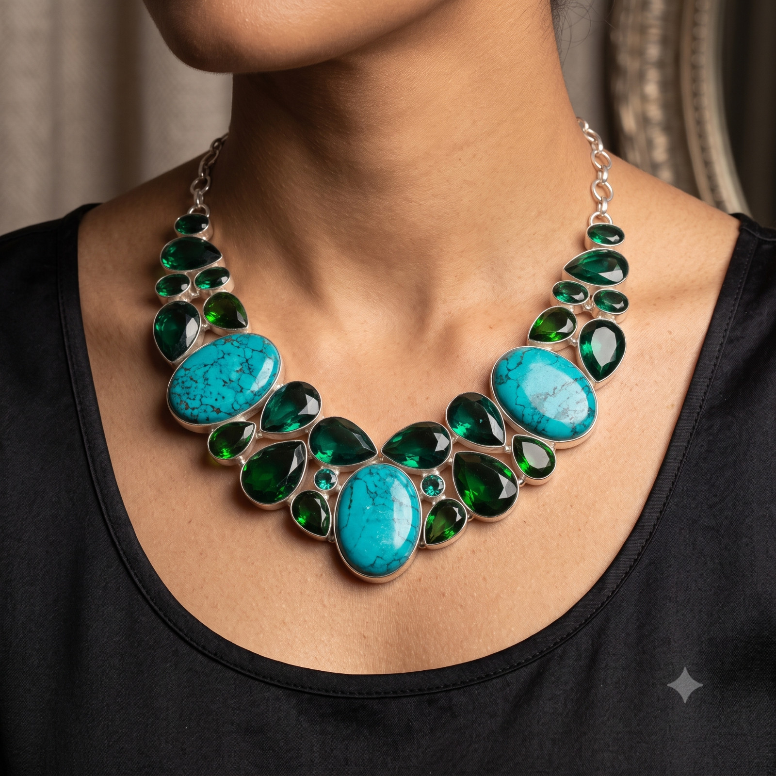 Genuine Santa Rosa Turquoise 925 Sterling Silver Ethnic Chain Necklace Jewelry