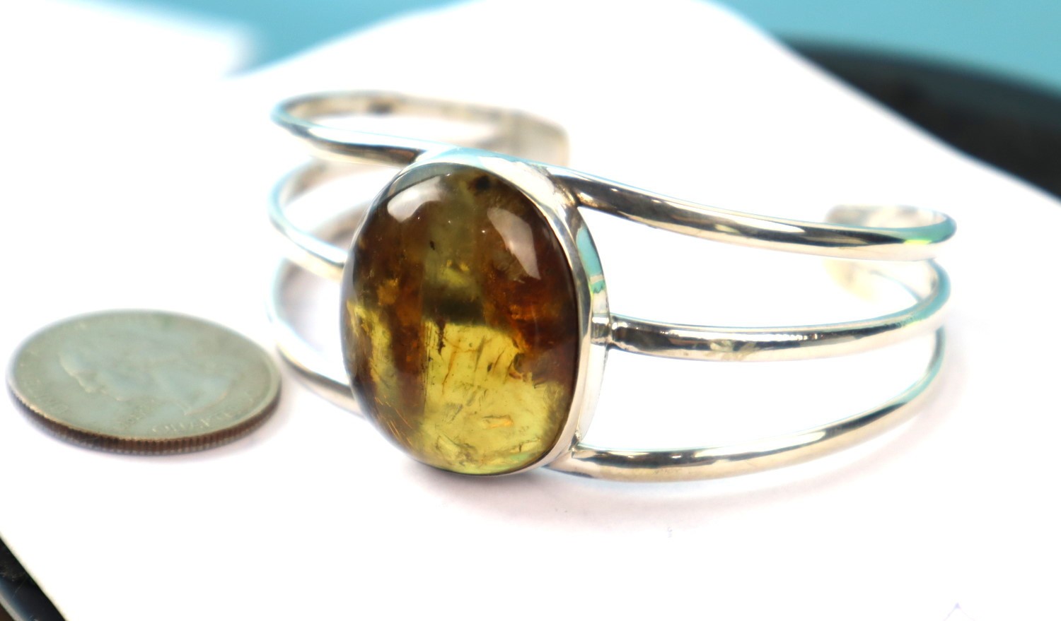 Hugh Natural Clear Green Blue Amber solid .925 Sterling Silver Cuff Bangle 7inch