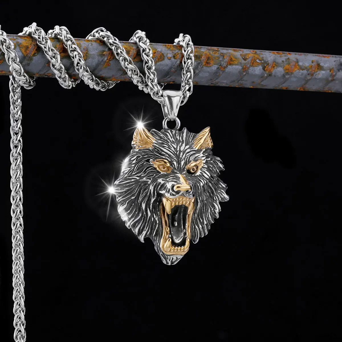 316L Stainless Steel Jewelry Vintage Viking Wolf Head Pendant Necklace Norse Vi