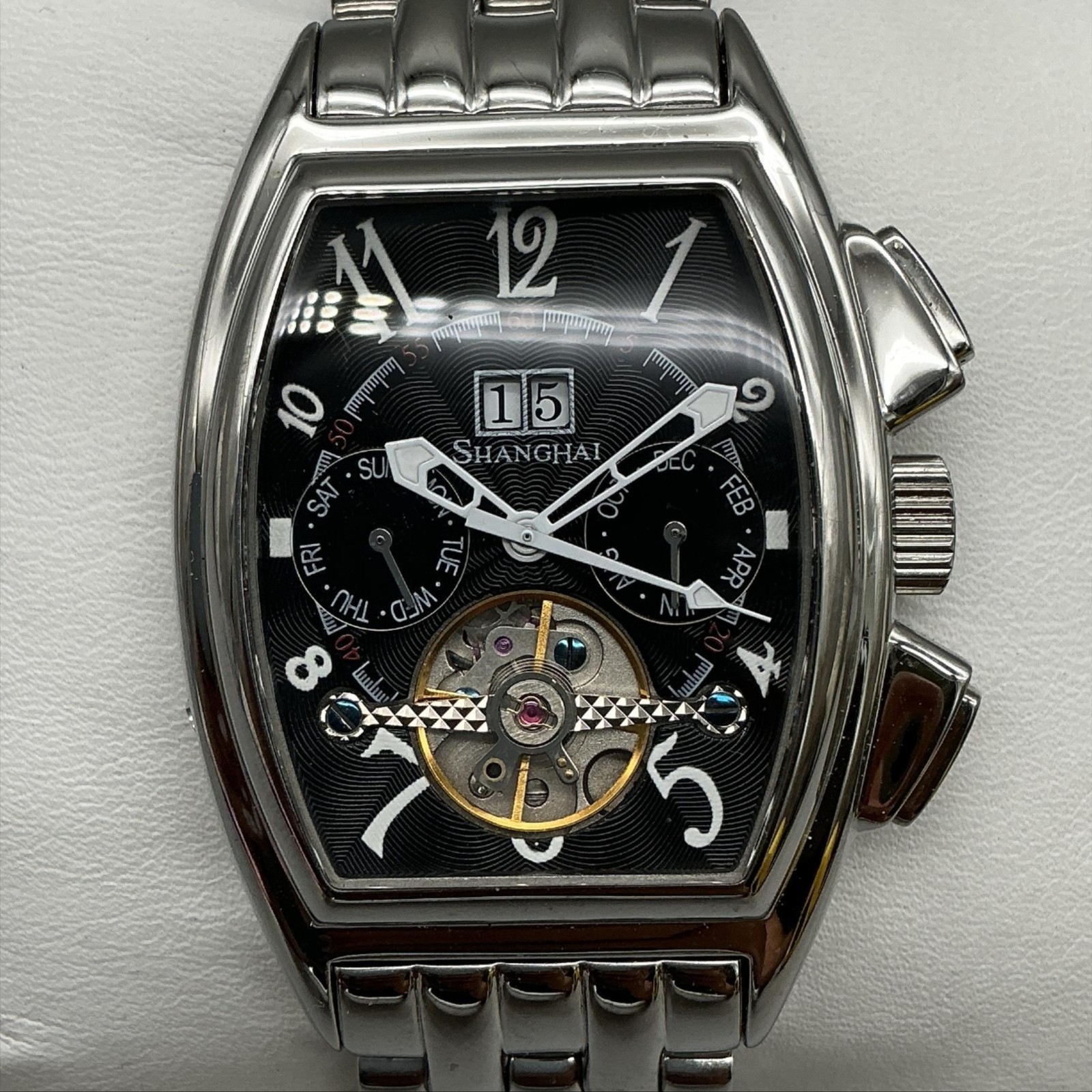 Shanghai DCEC Cummins Mens Watch 34mm Silver Tone Skeleton Dial Automatic 7.5″