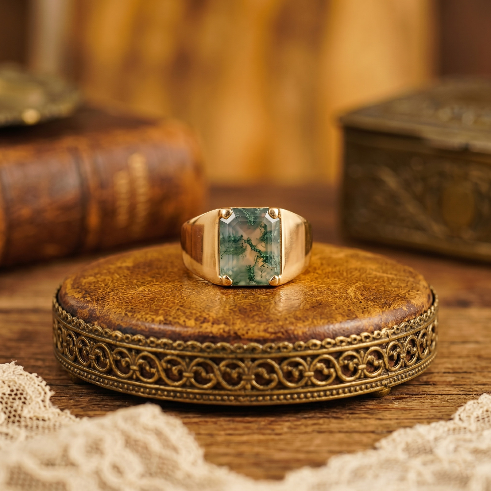 GREEN MOSS AGATE MENS RING SIGNET RING GOLD PLATED SILVER RING PROMISE RING GIFT