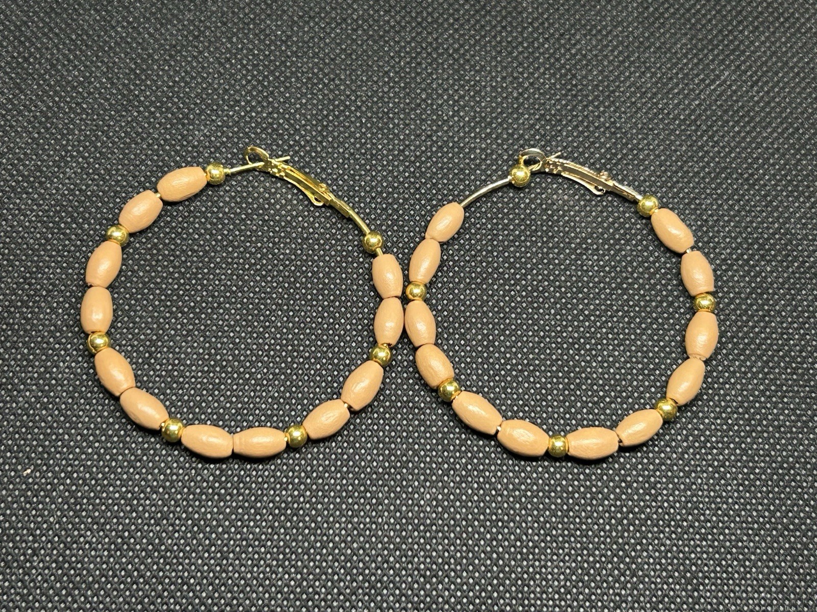 Tan with Golden accents Bamboo Wooden Beaded Large Hoop Earrings Beige
