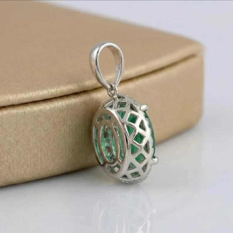 3.17 Ct Oval Cut Emerald Pendant Wedding Pendant 14k White Gold