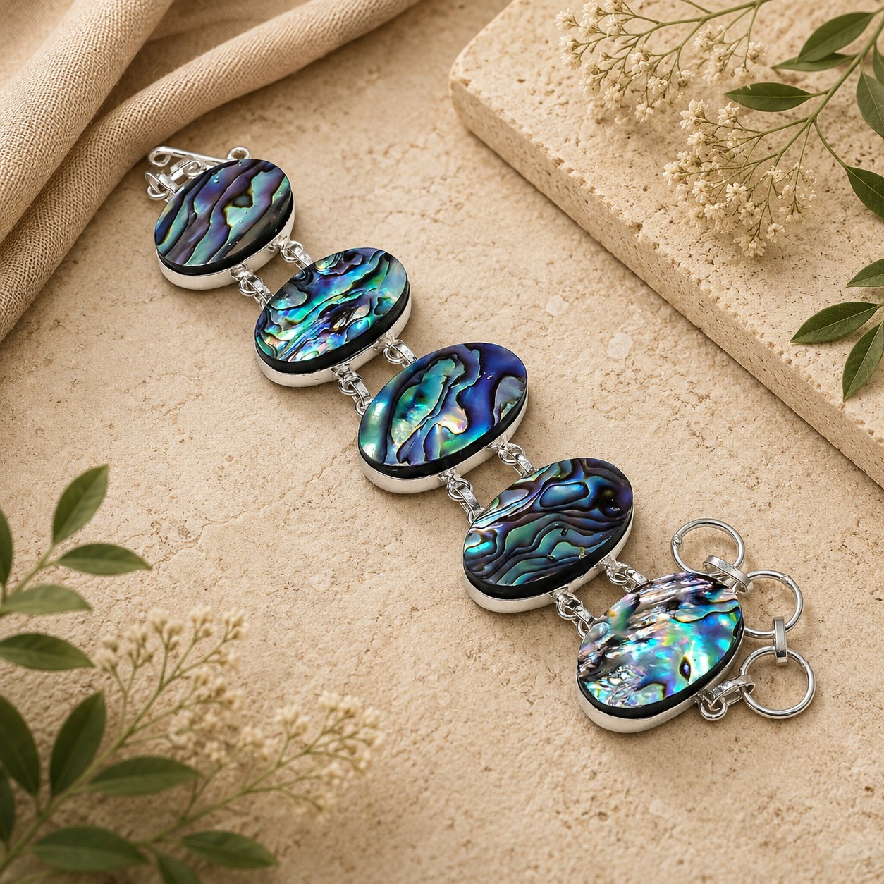Abalone Shell 925 Sterling Silver Oval Gemstone Gift Jewelry Bracelet 8″ BB 1578