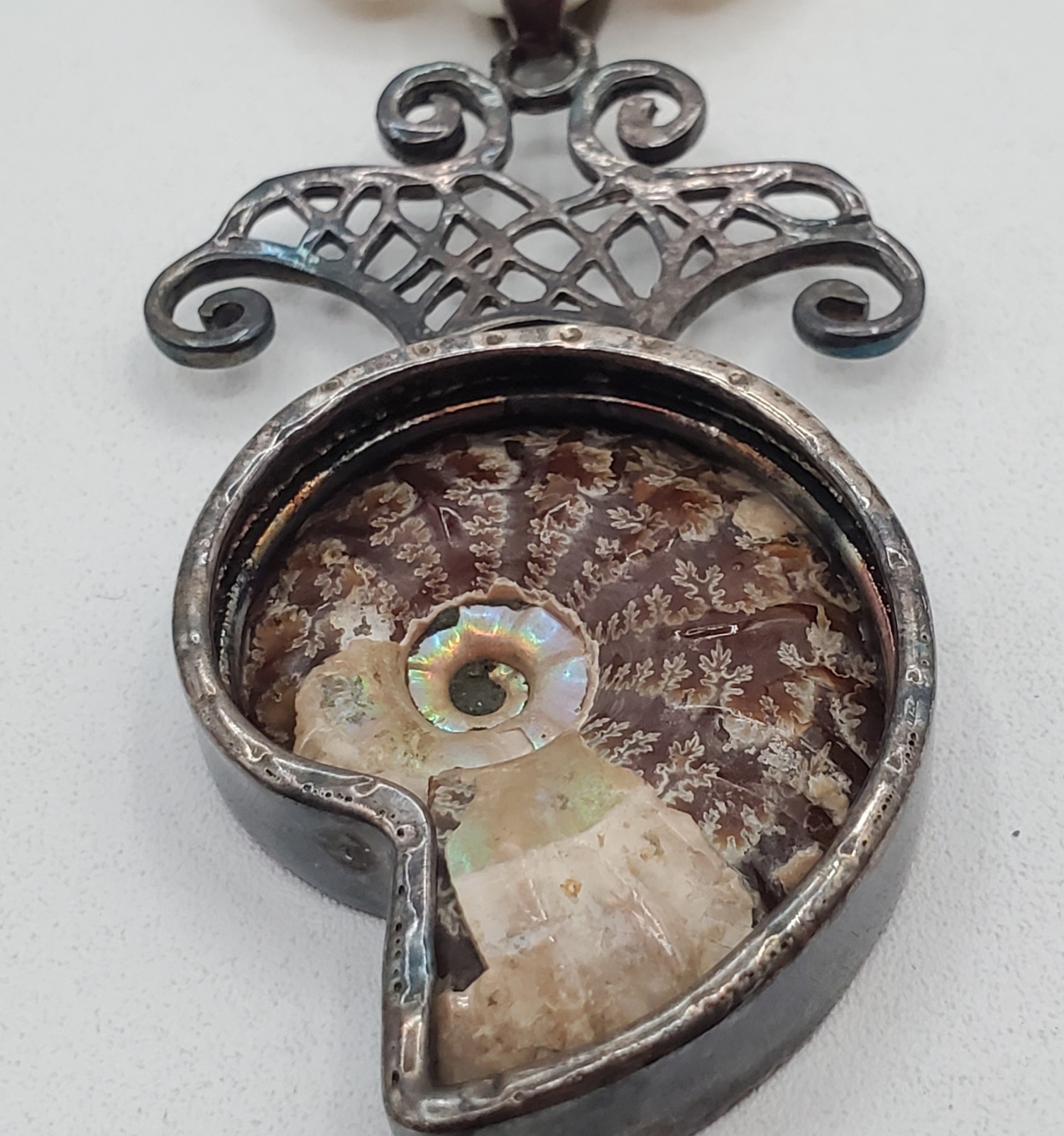 VTG 925 Ammonite Fossil Pendant Pearl Glass 16in Necklace Sterling Silver 40gtw