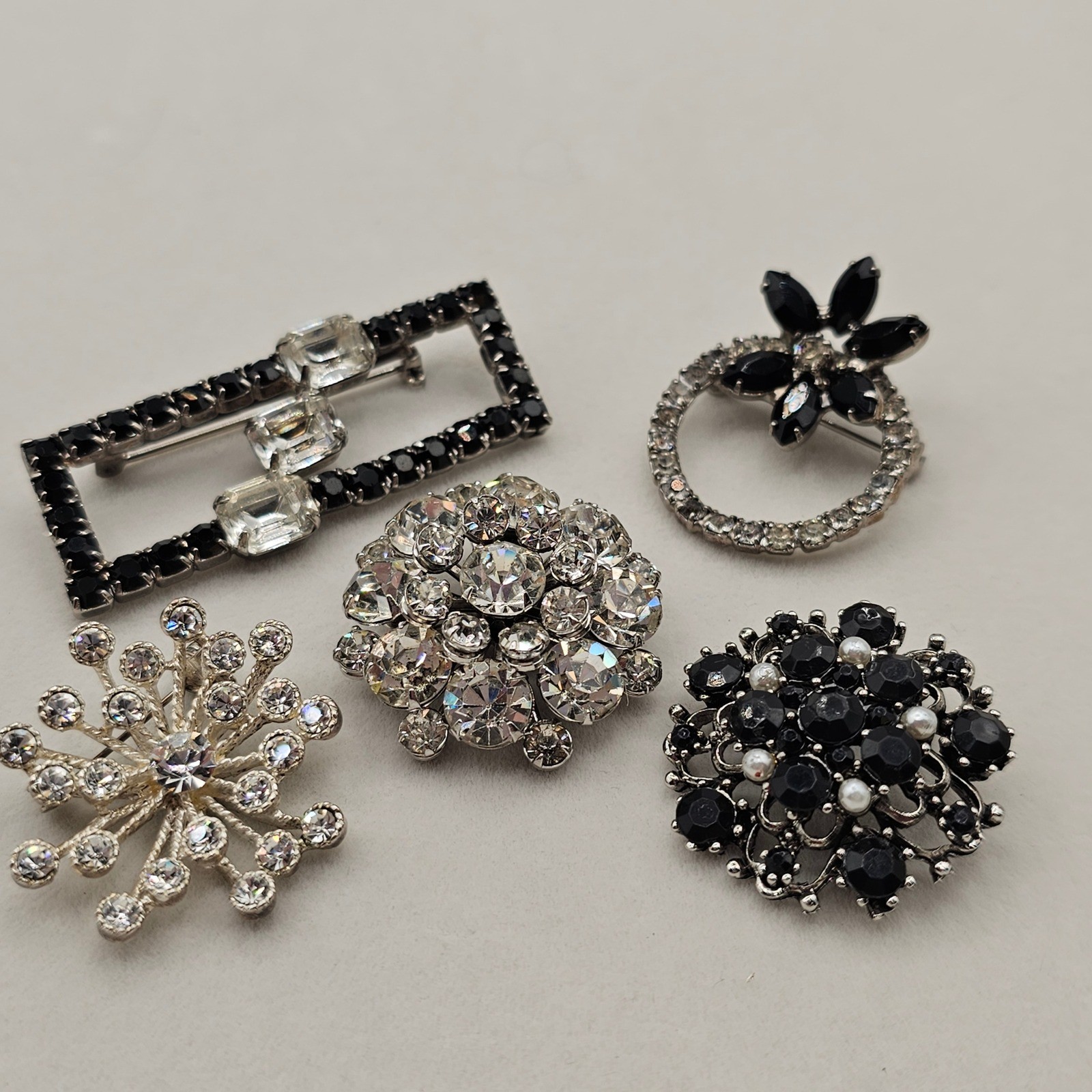Clear & Black Rhinestone Brooch Lot 5pc Silver Tone Mixed Styles Formal Pins