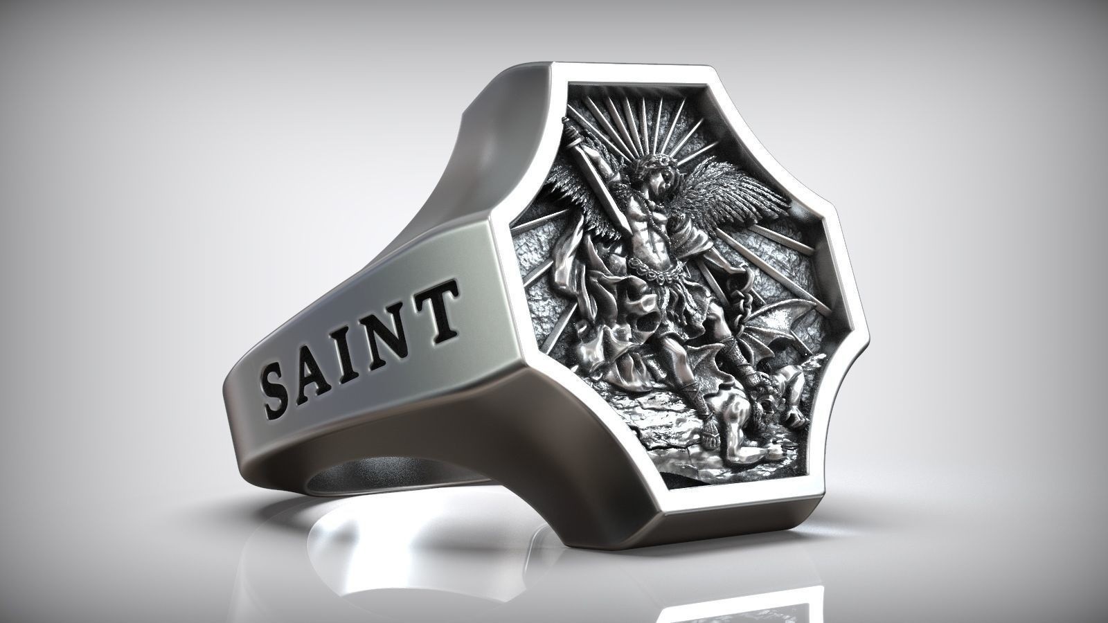 Oxidized Archangel Michael Defeating Satan Basrelief 925 Silver Statement Rings
