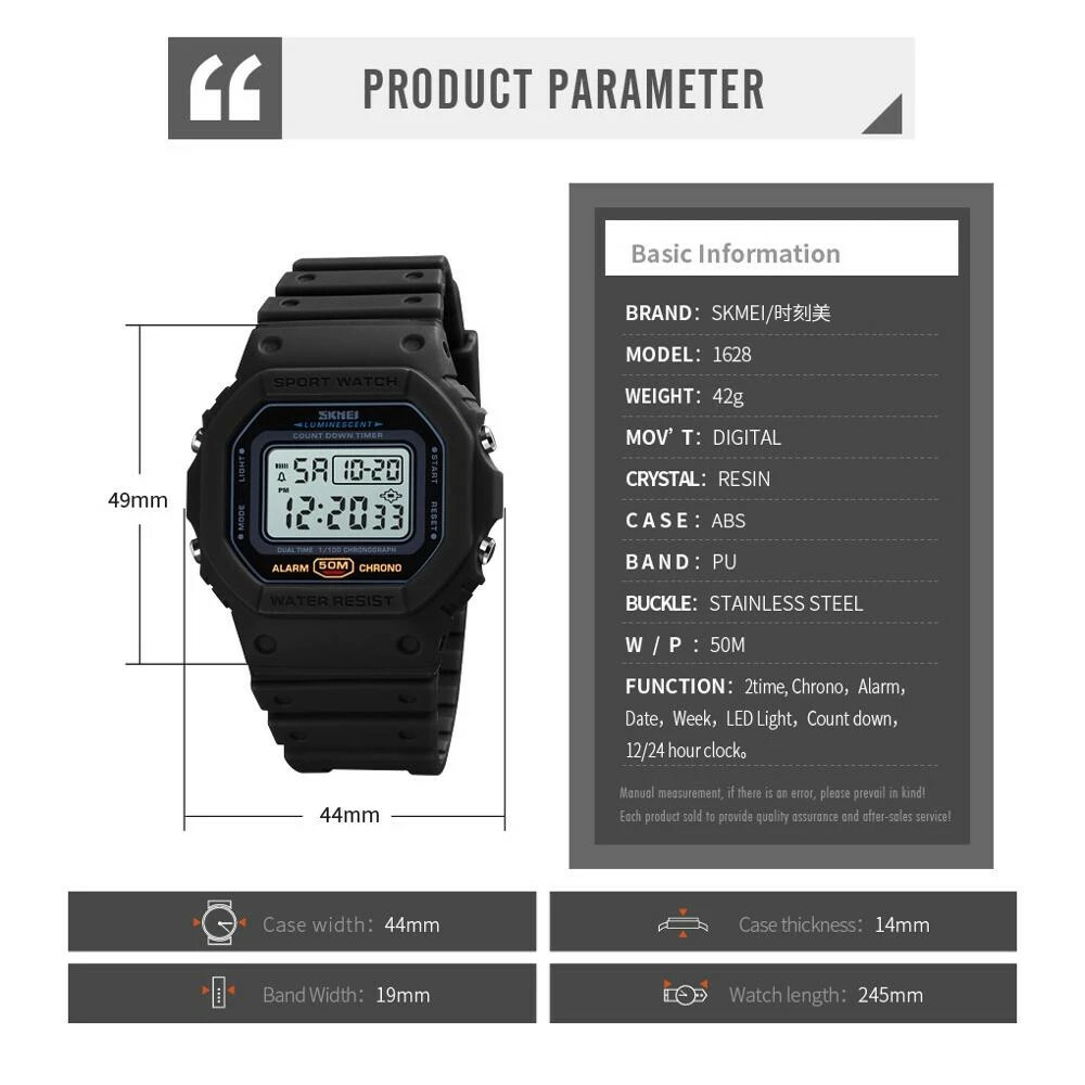 SKMEI Men Sport Watch Rectangle Digital Wristwatch Countdown Electronic Watches
