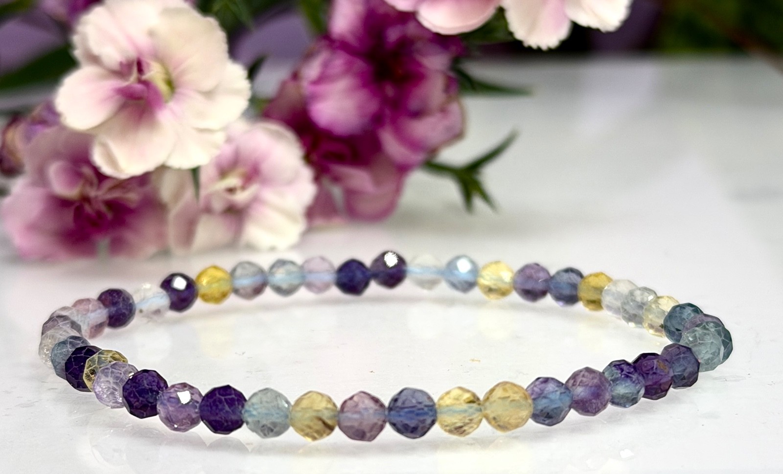 Wholesale 6 Pcs Natural Fluorite 4mm Faceted 7.5” Stretch Bracelet