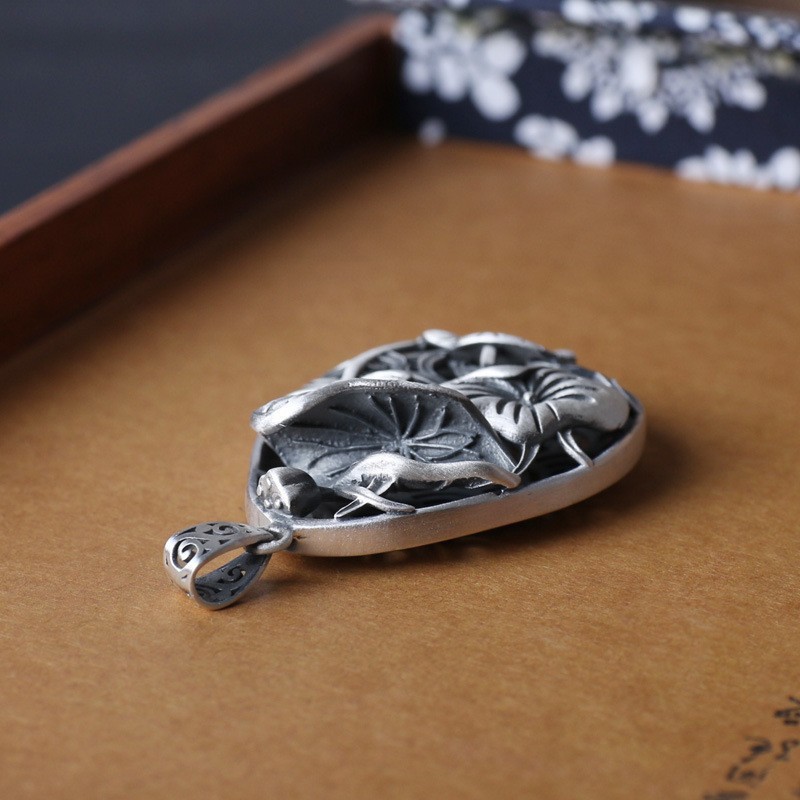 Lotus Leaf Teardrop Pendant Double Sided Openwork Matte 27.5g 990 Fine Silver