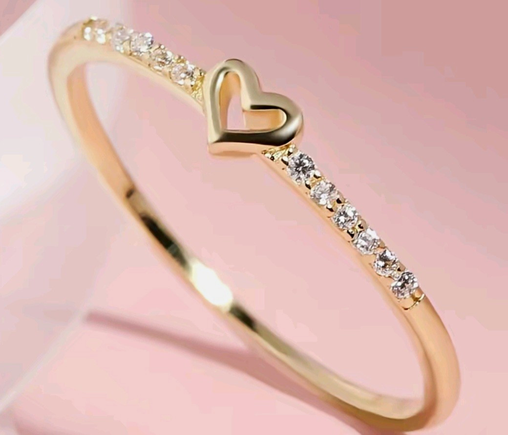 14K plated Gold Tone Heart Band Ring with CZ. 1.8cm Gold, Silver, Rose Avail.