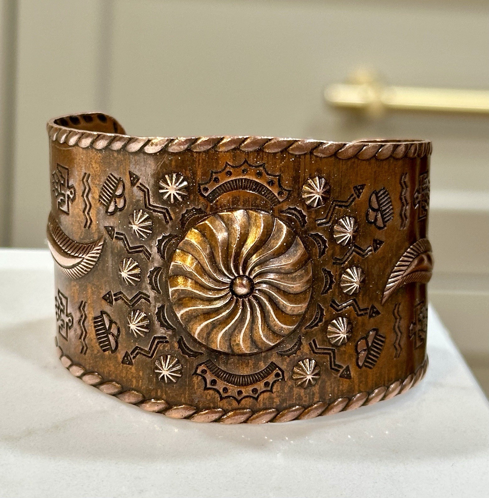 Fred Harvey Era/Native American Wide Copper Stamped Cuff/Bracelet. ~7”
