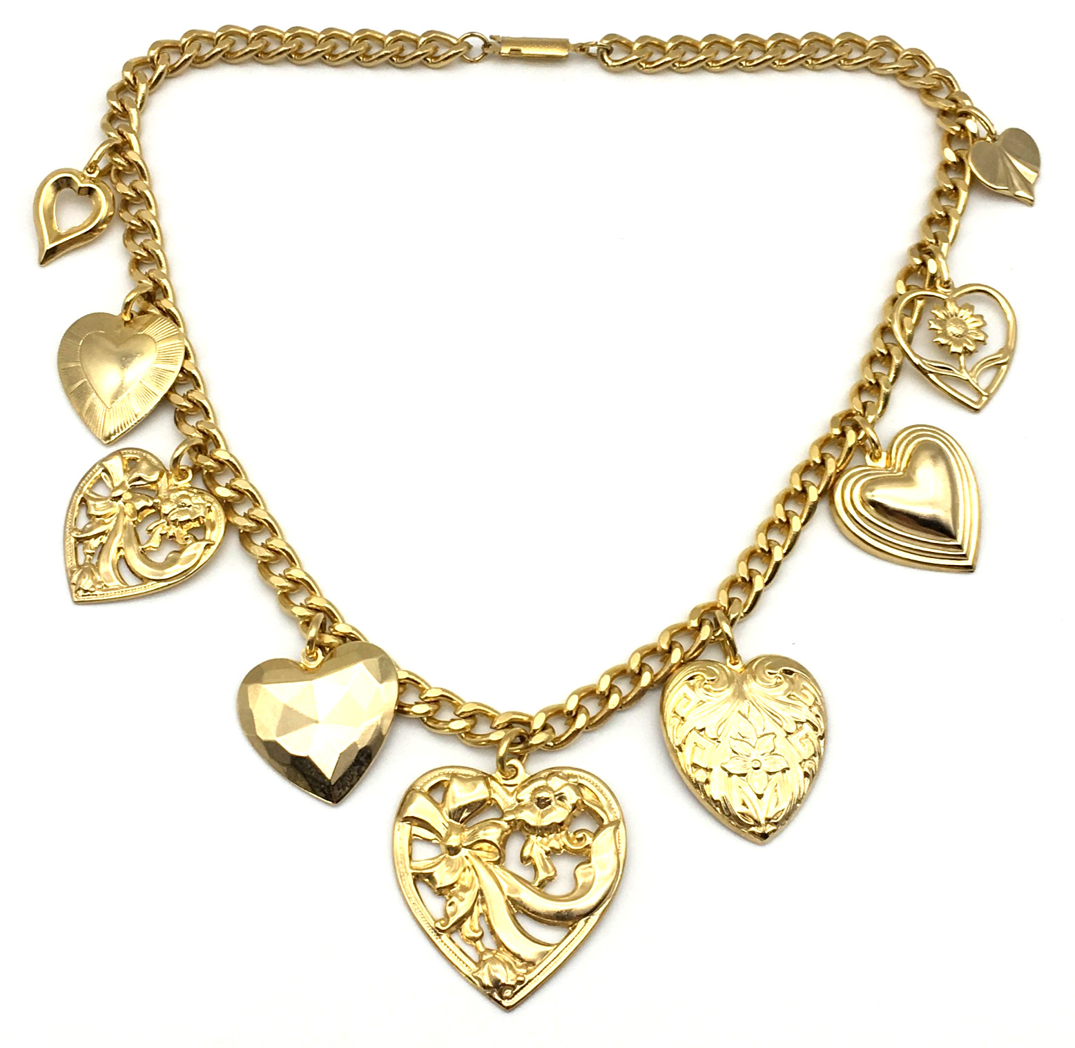 Vintage GoldTone Various Size Heart Charms 16″ Chain Necklace Push Lock Clasp