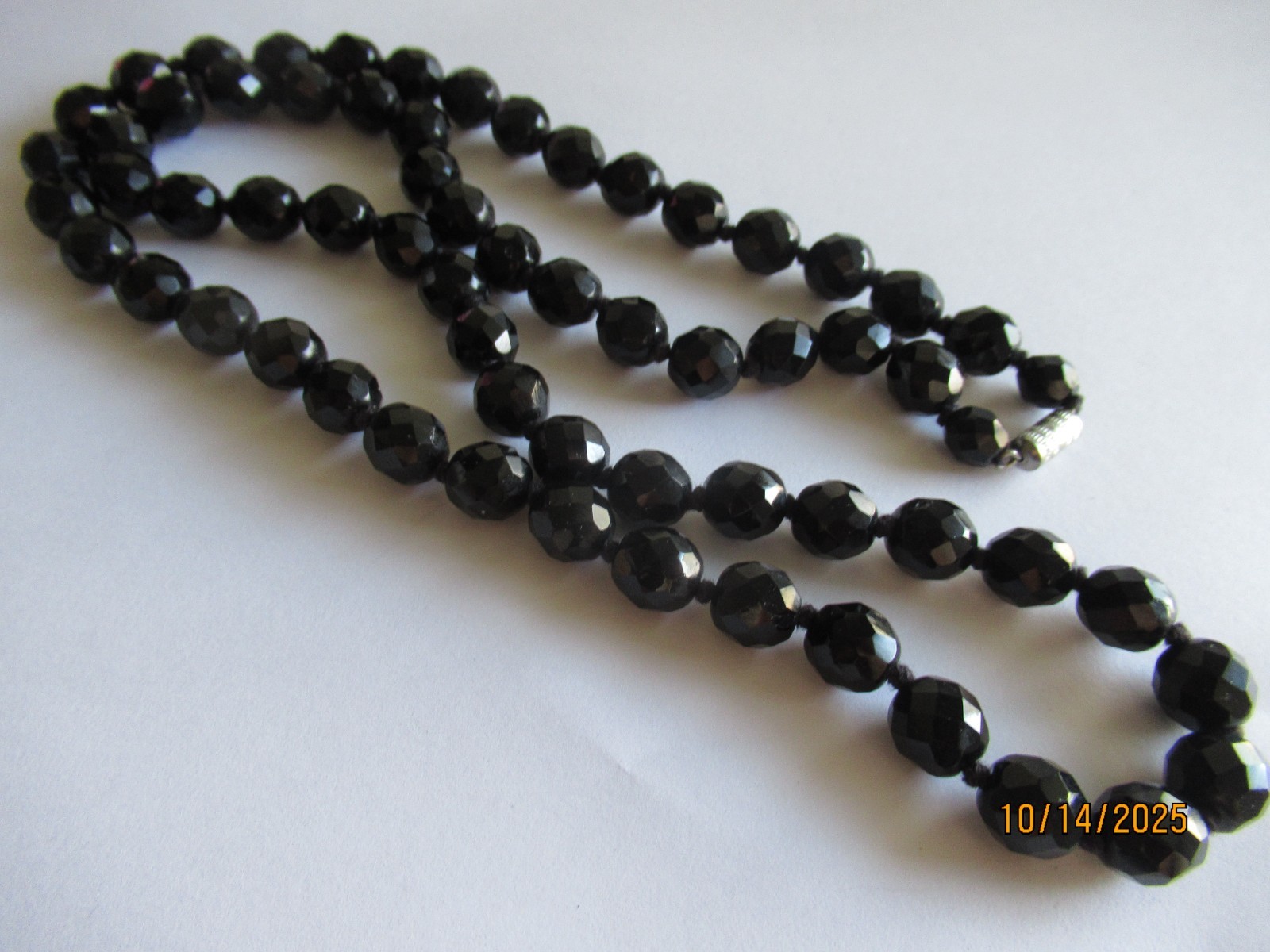 Antique Art Deco Jet black glass knotted Mourning necklace