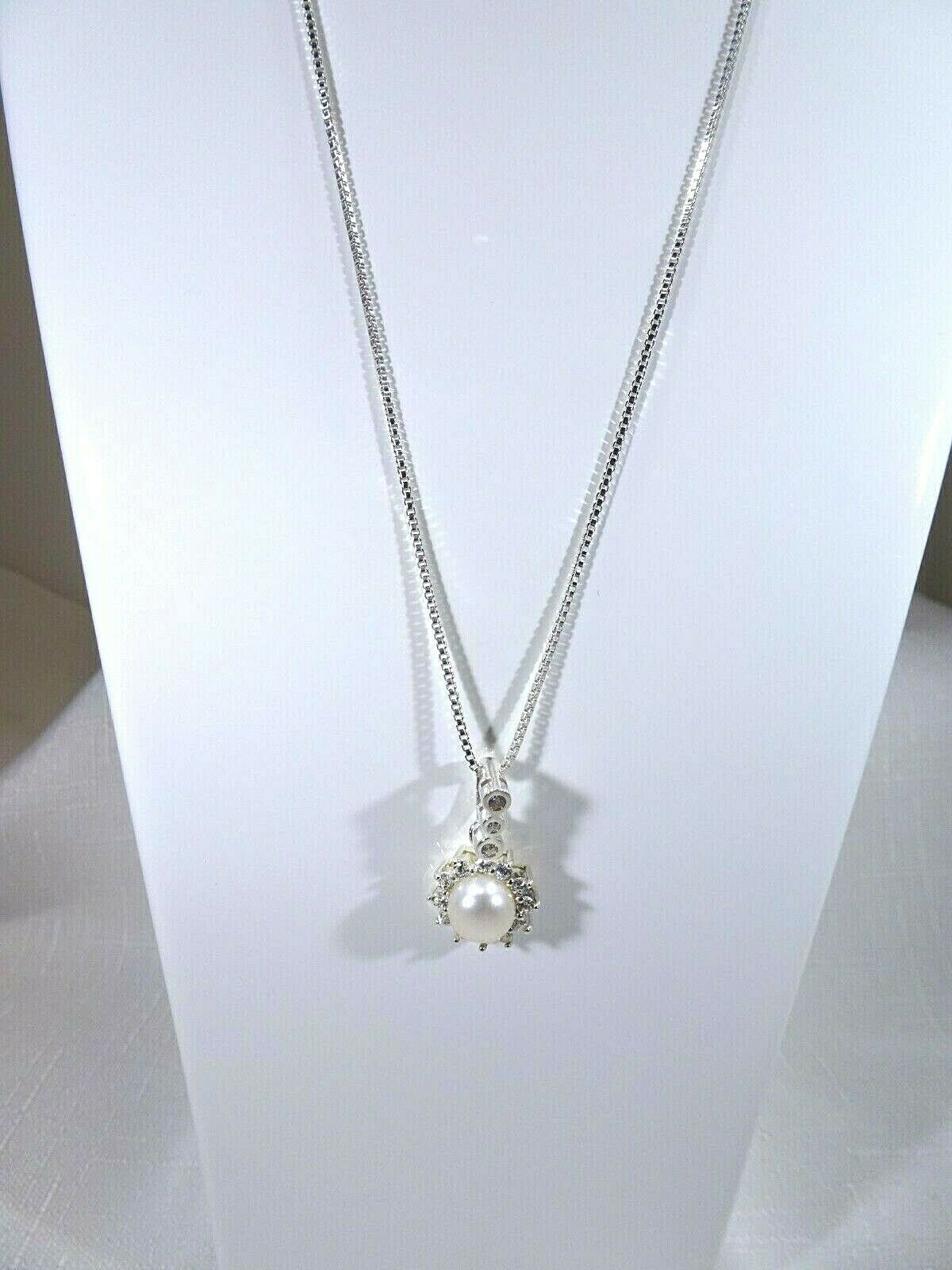 Cultured Freshwater White Pearl & White CZ Sterling Silver Italian Necklace