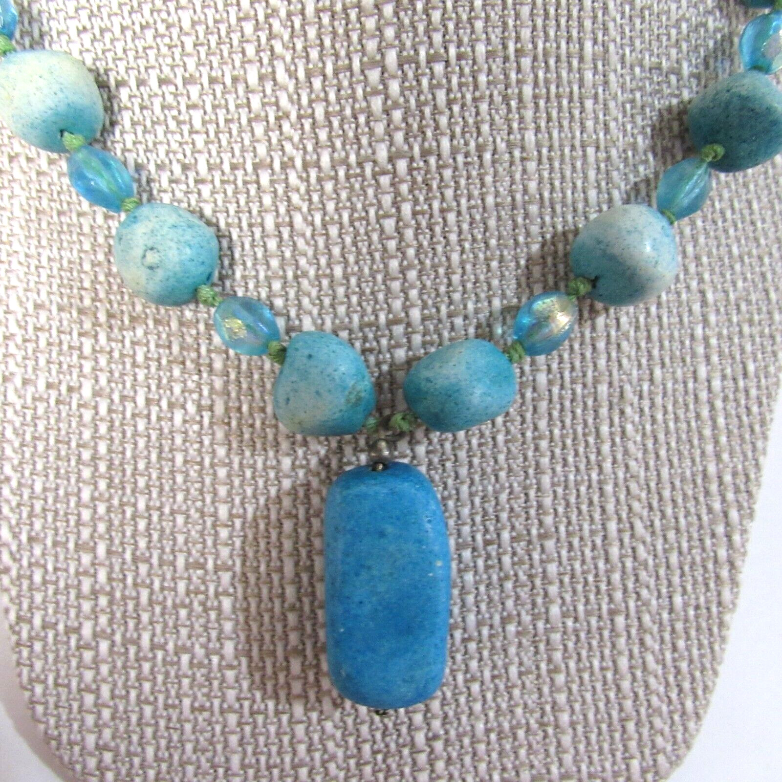 Turquoise Stone & Glass Bead Necklace w large Pendant Variable Length 18″- 21″