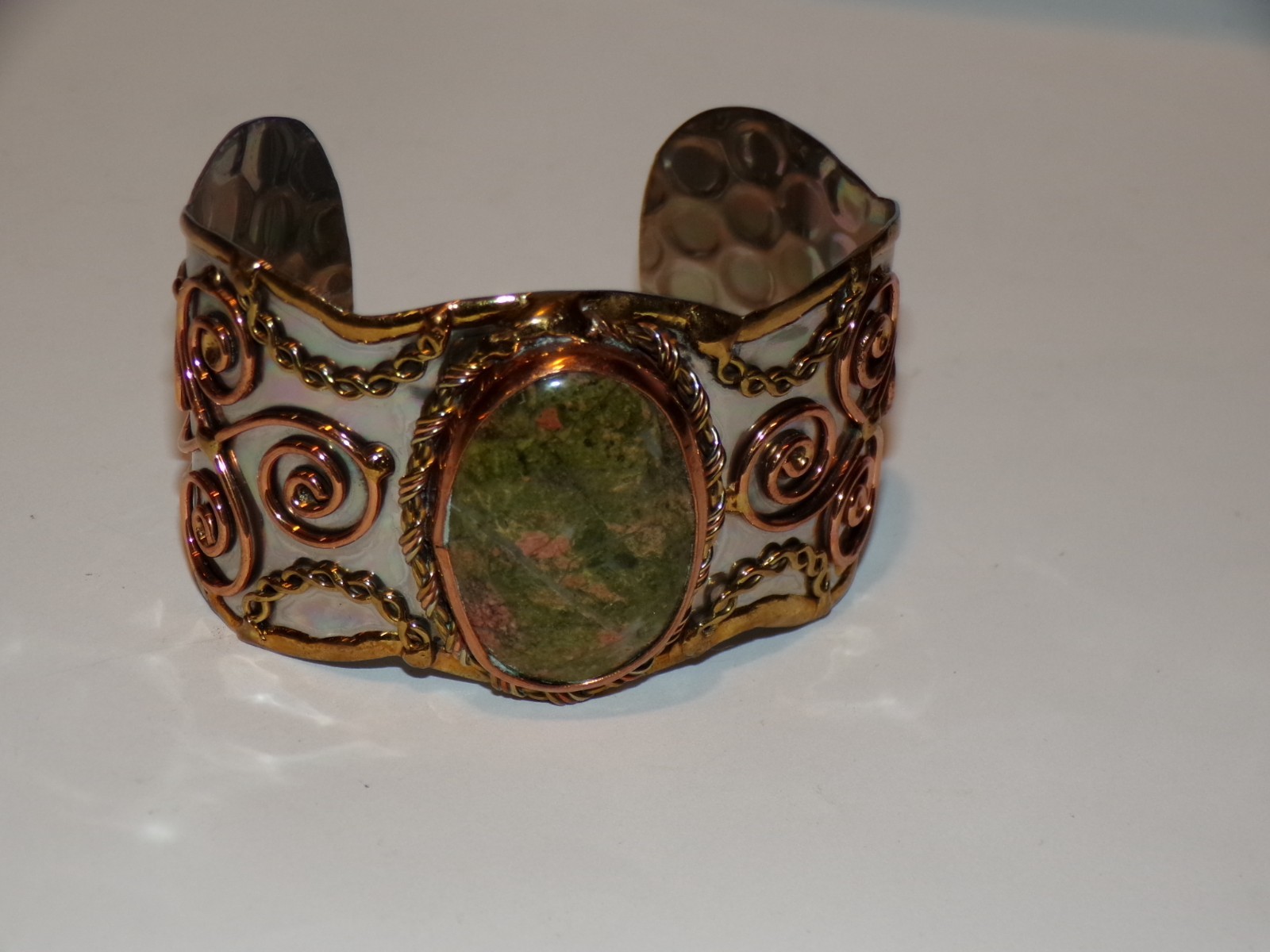 Bracelet Jewelry Unakite Mixed Metal Cuff Ladies Vintage [291]