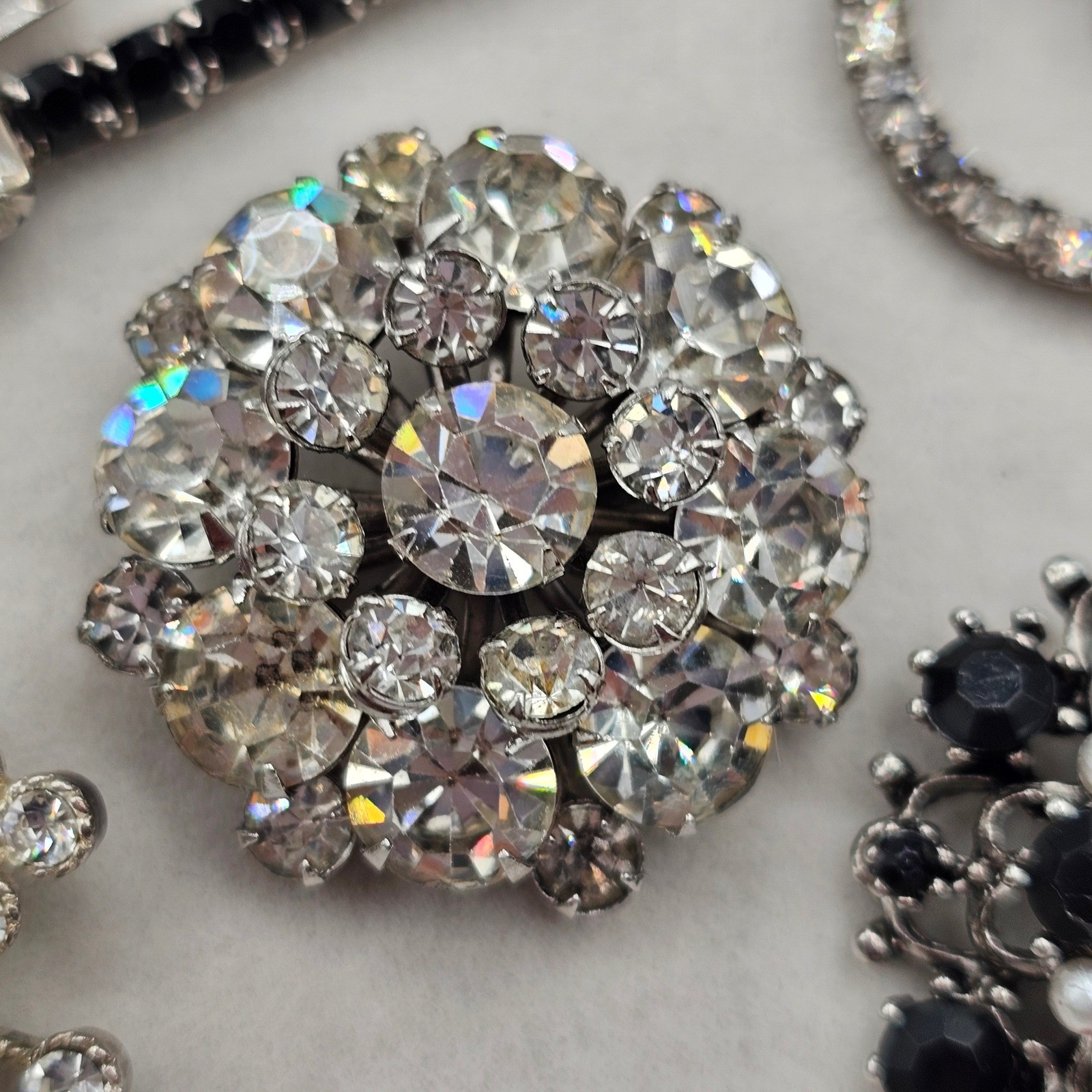 Clear & Black Rhinestone Brooch Lot 5pc Silver Tone Mixed Styles Formal Pins