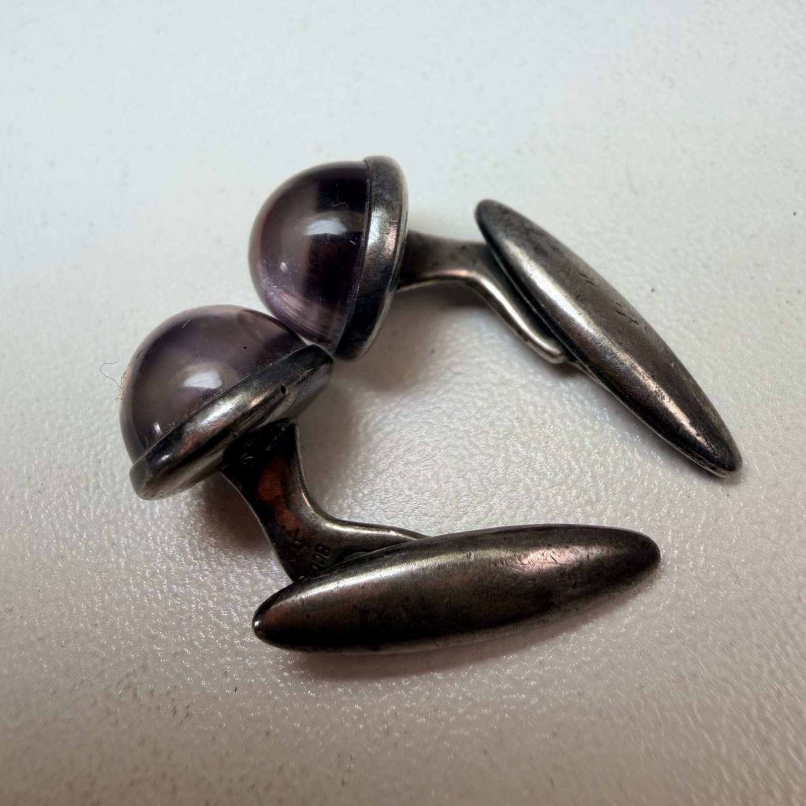 Vintage European 800 Silver Purple Amethyst Domed Glass Cufflinks signed M & P ?