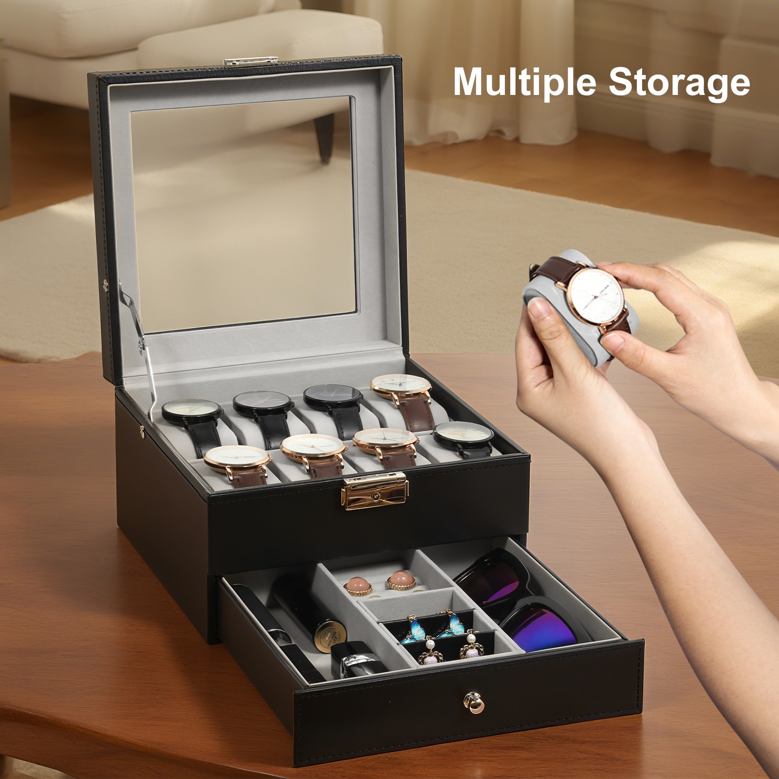 8 Slot PU Leather Watch Box Glass Top Organizer Jewelry Display Case New