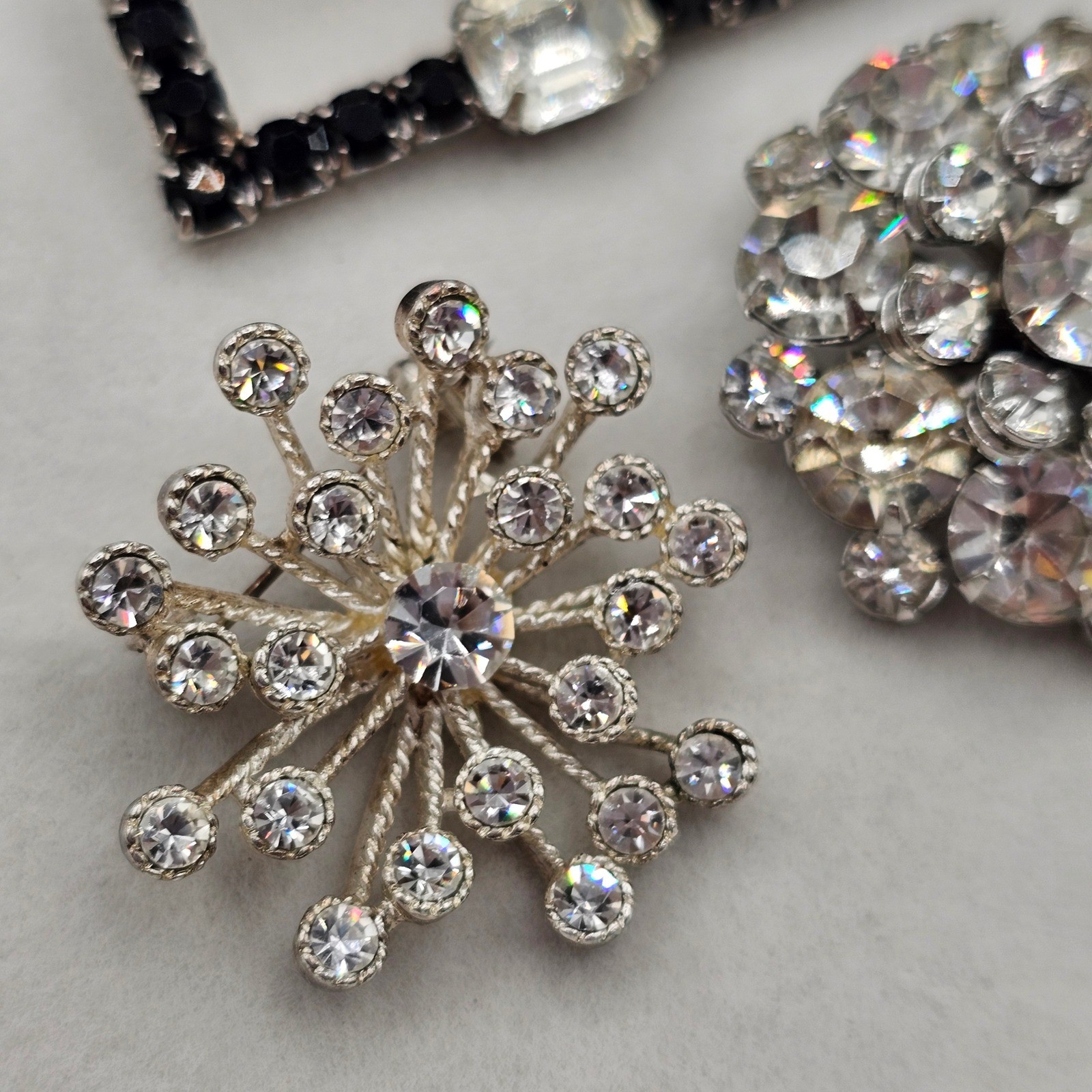 Clear & Black Rhinestone Brooch Lot 5pc Silver Tone Mixed Styles Formal Pins