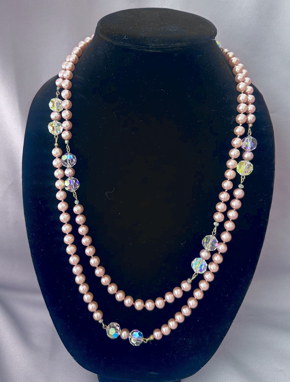 Vintage Elegant Long Dusty Pink Faux Pearl & Crystal Accent Bead Necklace-26 in