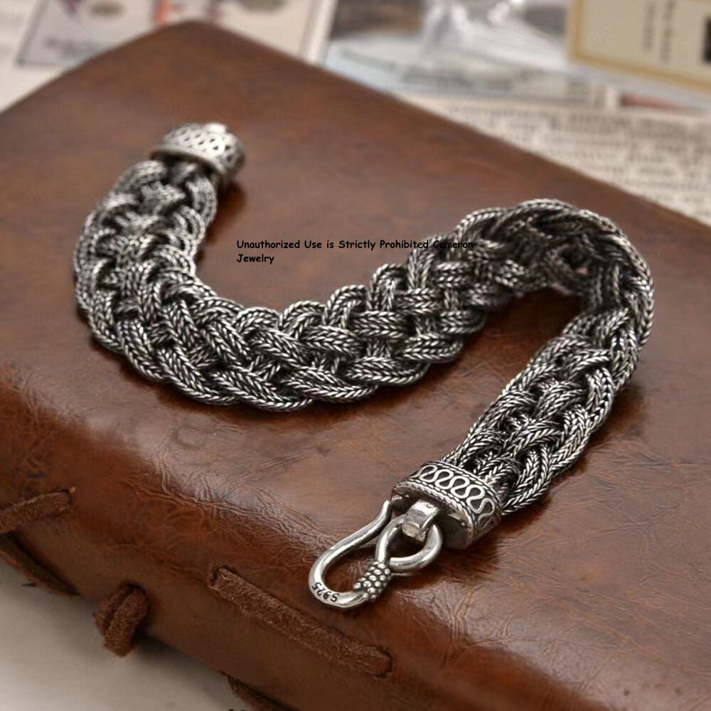 Pure S925 Sterling Silver Chain Men Women 13mm Braided Foxtial Link Bracelet