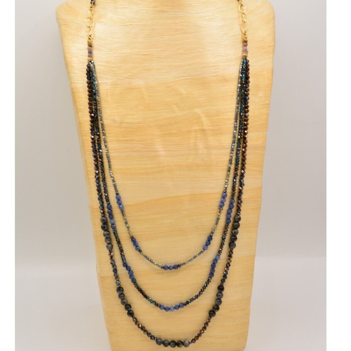 Nakamol Cabochon Necklace Blue Gray Crystal Beaded Chain Gold Tone SIgned 9J
