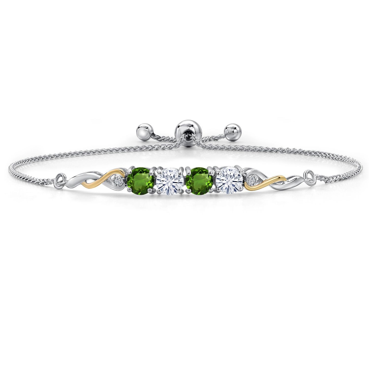 925 Silver and 10K Yellow Gold Green Chrome Diopside and White Moissanite and