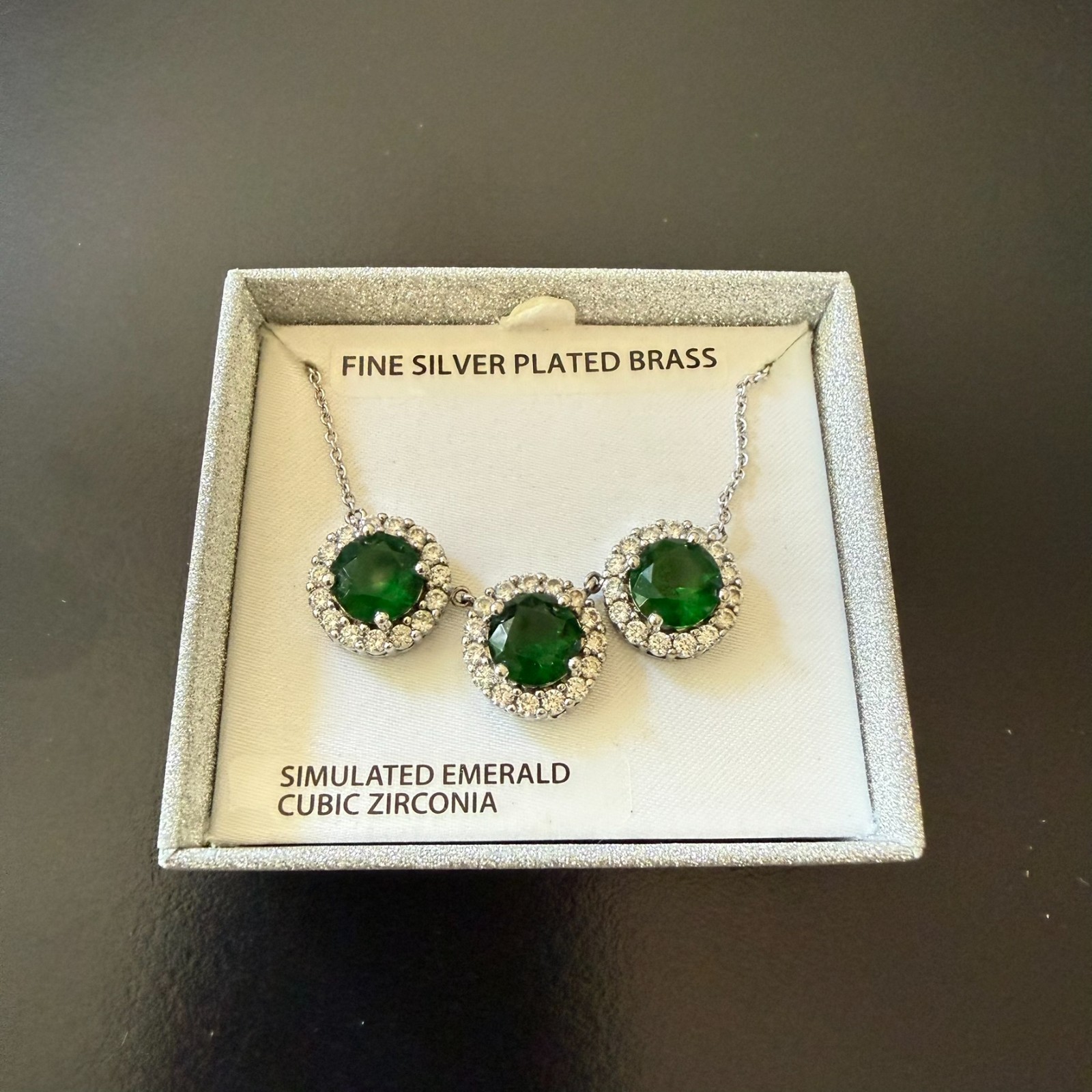 NEW Simulated Emerald necklace with CZ accents, Silver plate