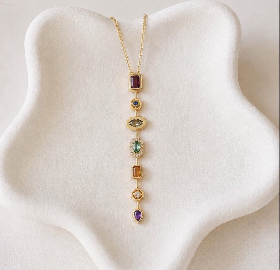 Anthropologie Gemstone Necklace Gold Rainbow Pendant Charm CZ Boho Geometric