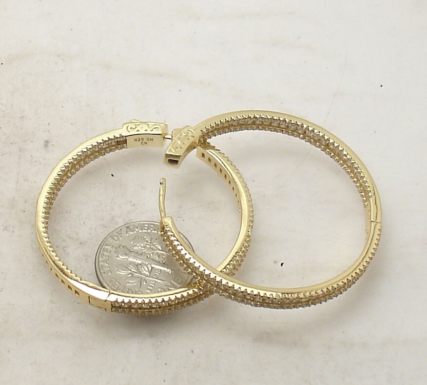 1.5″ Inside Out Pave Baguette CZ Hoop Earrings 14K Yellow Gold Plated Silver