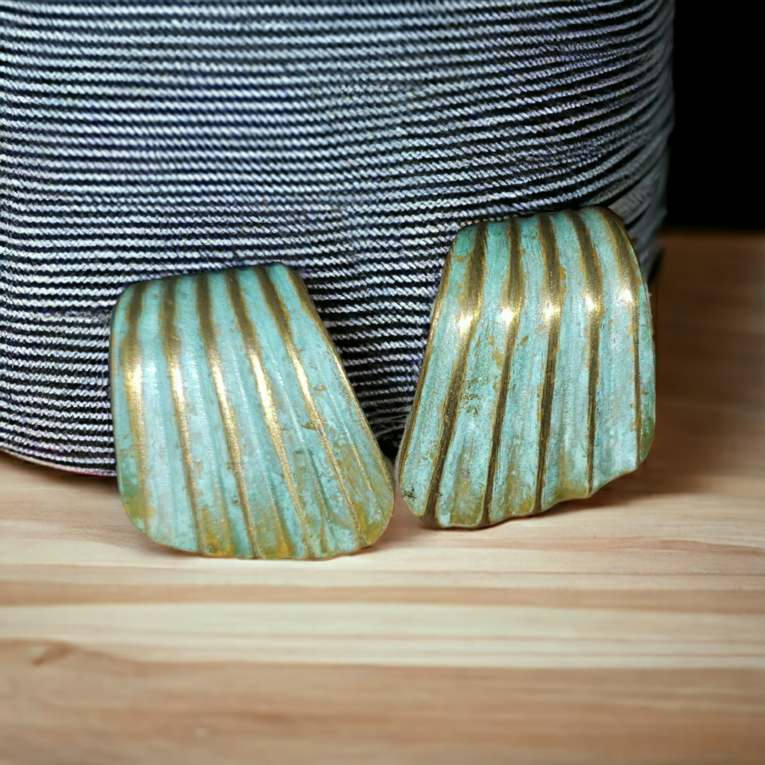 Earrings, Vintage 80’s Green Patina Large Shell Metal Pierced Stud Earrings A104