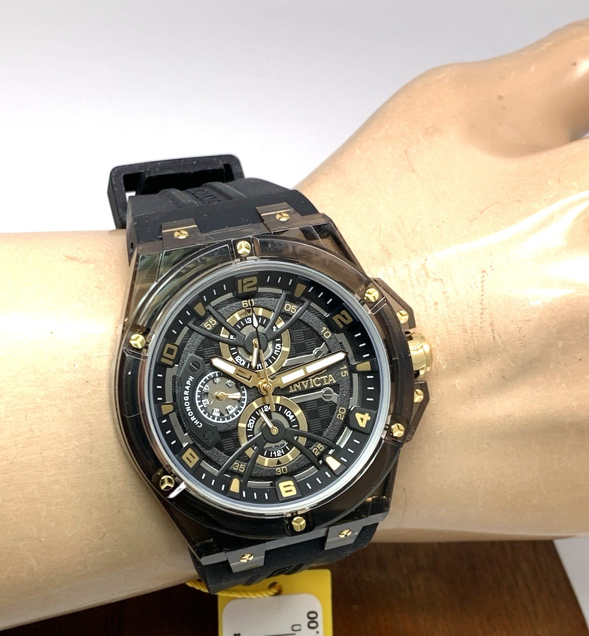 Invicta Men’s Watch 48807 Racing Saphirex Quartz Gold Black Rubber Strap 46mm