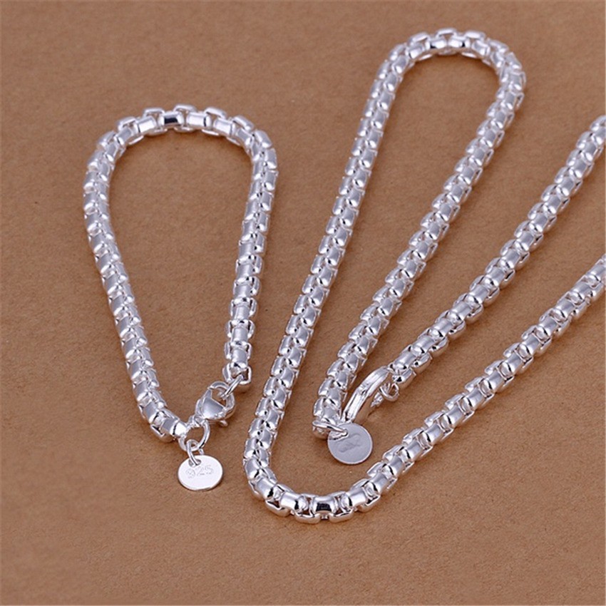 925 Sterling Silver 5mm Box Chain Necklace Bracelet Set Men Women Jewellery gift