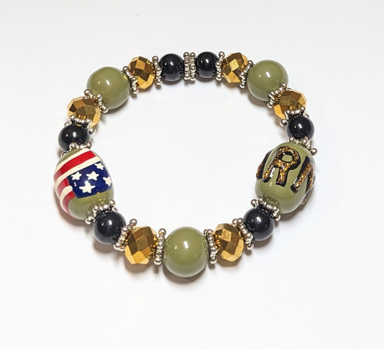US Army Bracelet Handmade Glass Beaded Woman Stretch Bracelet Green Military