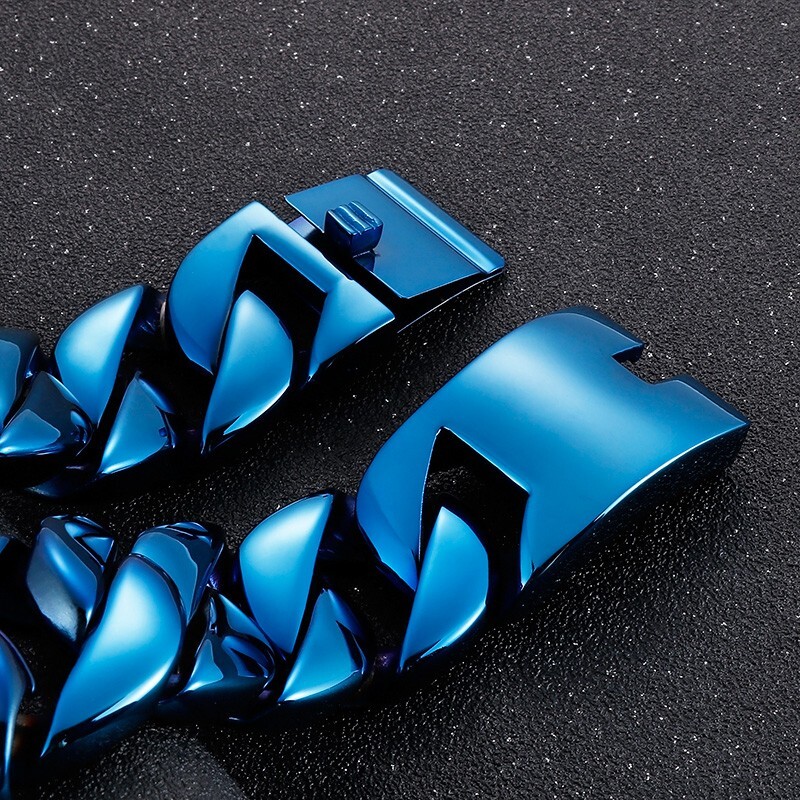 32mm 24cm (9.44”) Large Chunky Cuban Curb Chain Bracelet Stainless Steel Blue
