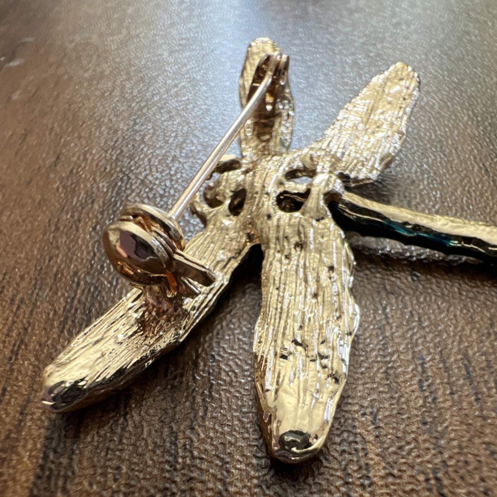 Dragonfly Brooch, Blue Green Gold Enamel Metal, Glass Oval Stone, 2 Inch