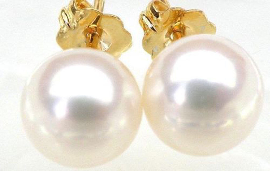 NATURAL 9.5-10MM AAAA+ GRADE PERFECT ROUND WHITE AKOYA PEARLS EARRING 14K