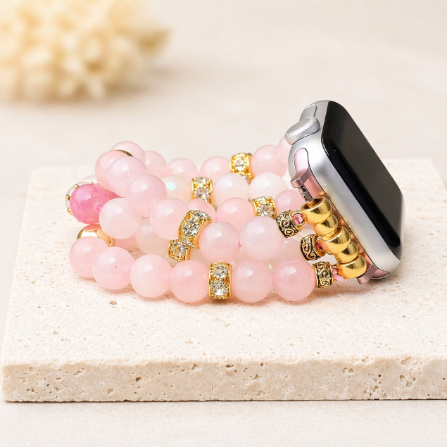 Beaded Apple Watch Band Rose Quartz Moonstone Morganite Gold Bracelet Jewelry